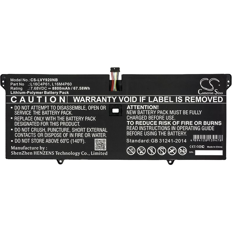 Li-polymer Battery Fits Lenovo, Yoga 920, Yoga 920-13ikb, Yoga 920-13ikb 80y7001pix 7.68v, 8800mah Notebook & Laptop Cameron Sino Technology Limited