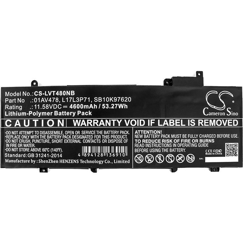 Li-polymer Battery Fits Lenovo, Thinkpad T480s, Thinkpad T480s 20l7002lcd, Thinkpad T480s 20l7002xcd 11.58v, 4600mah Notebook & Laptop Cameron Sino Technology Limited