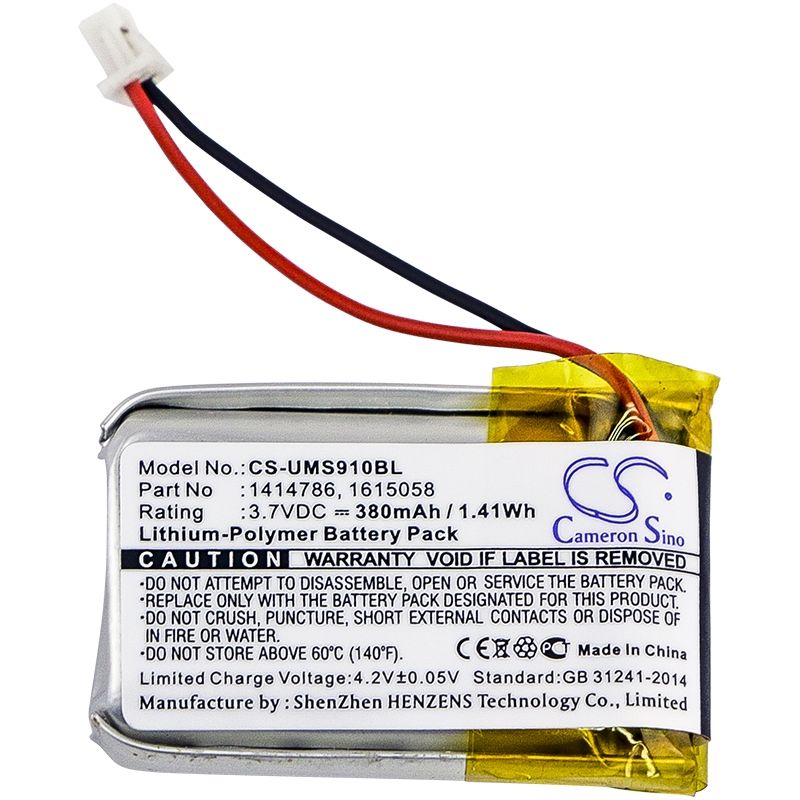 Li-Polymer Battery fits Unitech, Ms910, Ms910-cubb00-sg, Ms910-cubb00-tg 3.7V, 380mAh Barcode Scanner Cameron Sino Technology Limited