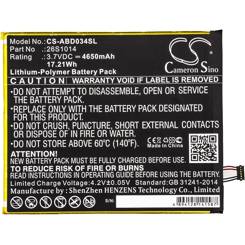 Li-Polymer Battery fits Amazon, Kindle Fire 8 7 Generation, Kindle Fire 8.7, Sx0340t 3.7V, 4650mAh Tablet Cameron Sino Technology Limited
