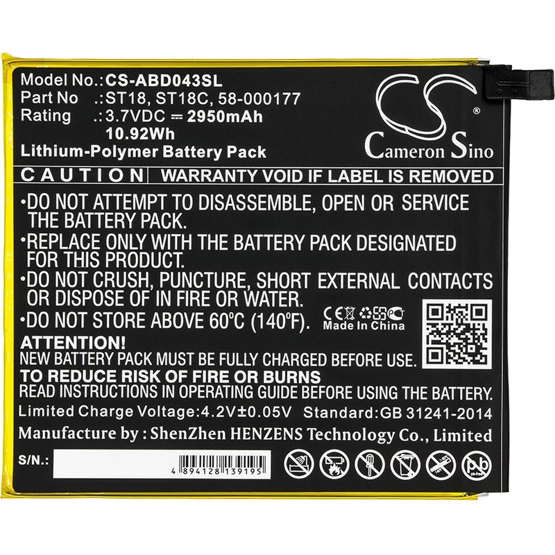Li-Polymer Battery fits Amazon, B01gew27da, Kindle Fire 7", Kindle Fire 7th Generation 2017 3.7V, 2950mAh Tablet Cameron Sino Technology Limited