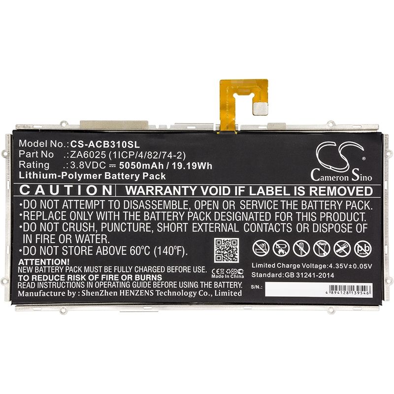 Li-Polymer Battery fits Acer, B3-a10-k154, B3-a10-k3bf, Iconia One 10 B3-a10 3.8V, 5050mAh Computer Cameron Sino Technology Limited