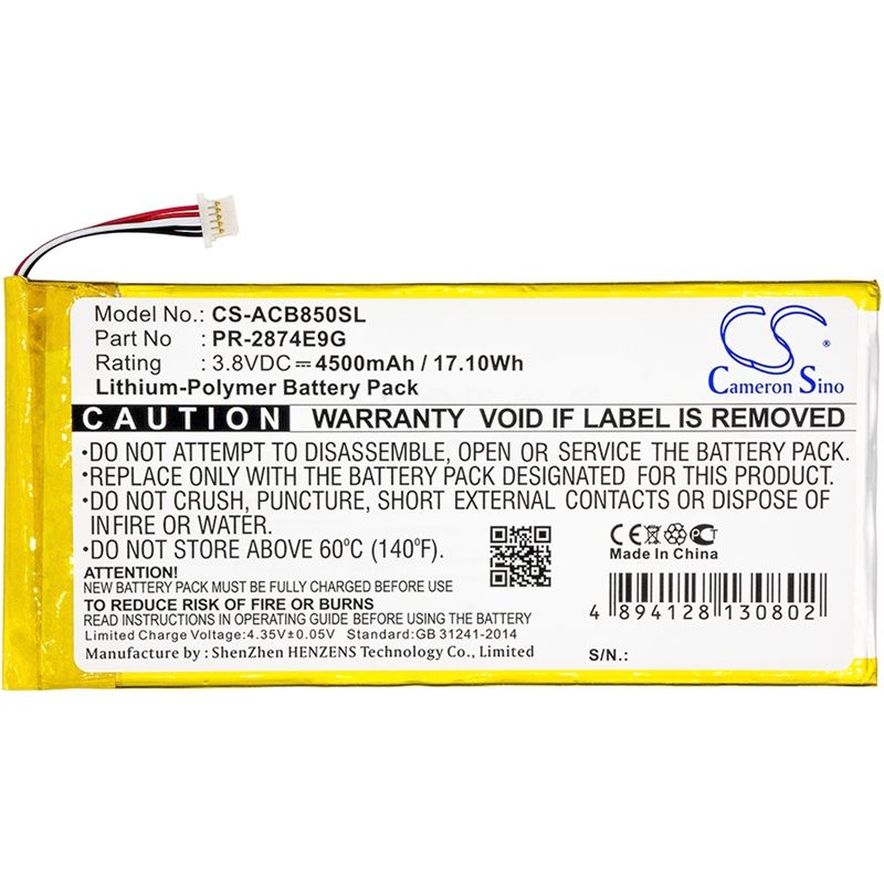 Li-polymer Battery Fits Acer, A6001, Iconia One 8 B1-850 3.8v, 4500mah Tablet Cameron Sino Technology Limited