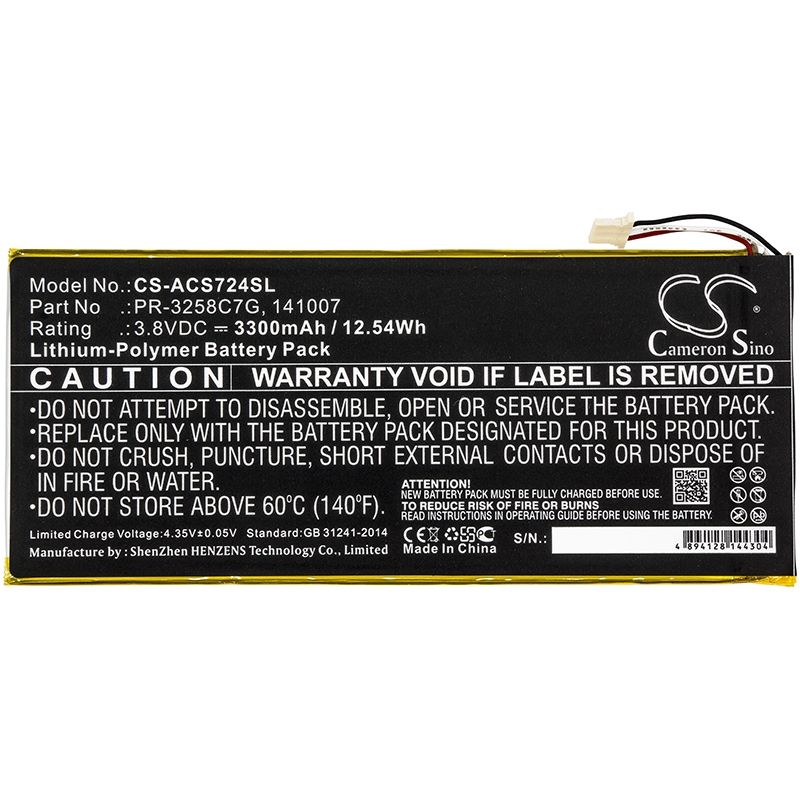 Li-Polymer Battery fits Acer, A1-734, Iconia Talk S 3.8V, 3300mAh Tablet Cameron Sino Technology Limited
