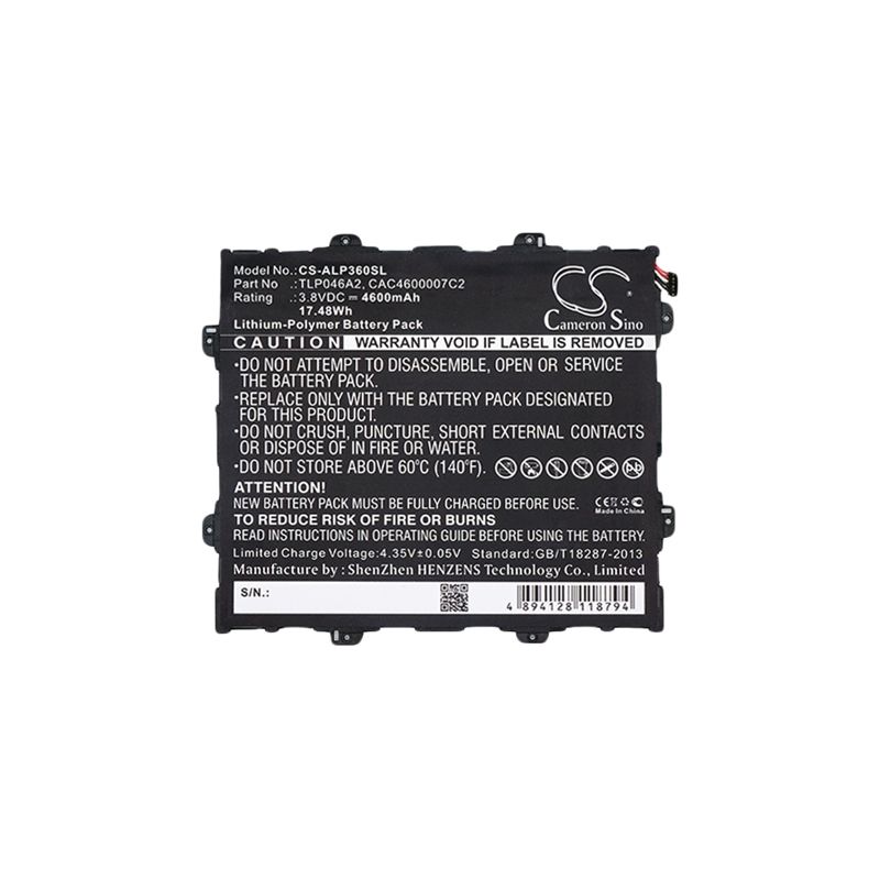 Li-Polymer Battery fits Alcatel, One Touch Pop 10, One Touch Pop 10 (9.6) 3.8V, 4600mAh Tablet Cameron Sino Technology Limited
