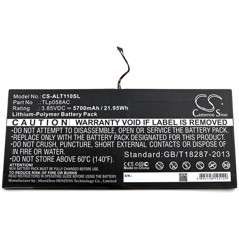Li-Polymer Battery fits Alcatel, One Touch Plus 10", Ot-8085 3.85V, 5700mAh Tablet Cameron Sino Technology Limited