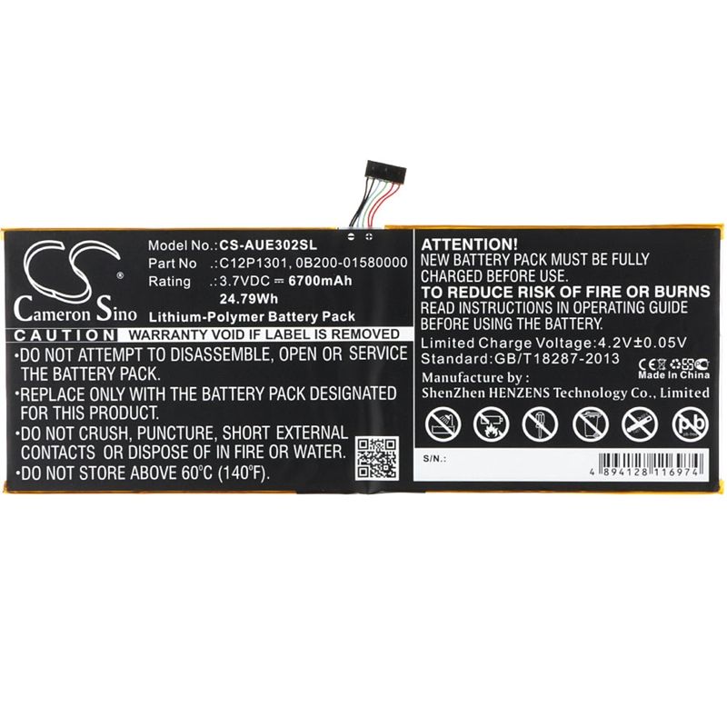 Li-polymer Battery Fits Asus, K00a, Me302c, Memo Pad Fhd 10 3.7v, 6700mah Tablet Cameron Sino Technology Limited