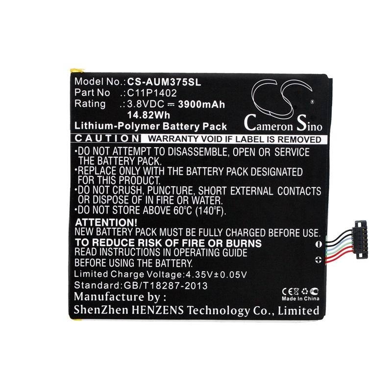 Li-Polymer Battery fits Asus, Fe375cg, Fe375cxg, K019 3.8V, 3900mAh Tablet Cameron Sino Technology Limited