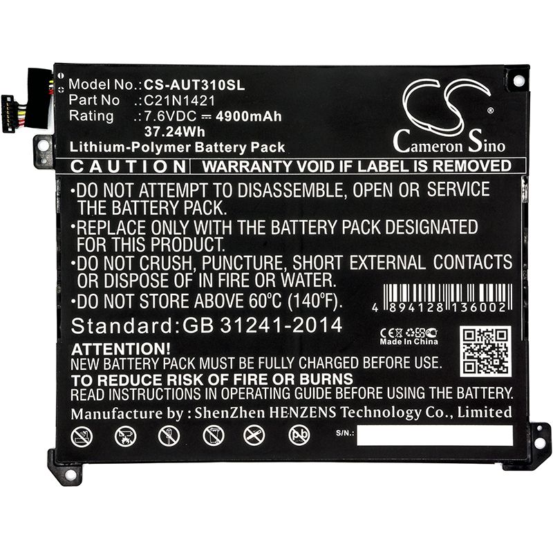 Li-Polymer Battery fits Asus, Transformer Book T300chi 7.6V, 4900mAh Tablet Cameron Sino Technology Limited