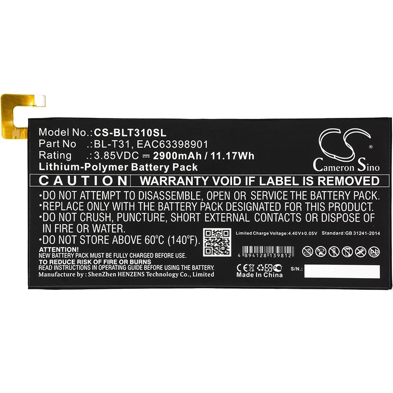 Li-Polymer Battery fits Lg, G Pad F2 8.0, G Pad F2 8.0 Lte, Lk460 3.85V, 2900mAh Tablet Cameron Sino Technology Limited