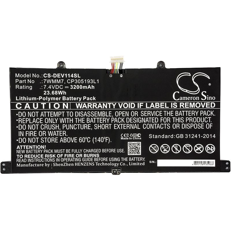 Li-Polymer Battery fits Dell, Cfc6c, D1r74, Venue 11 Pro Keyboard Dock 7.4V, 3200mAh Tablet Cameron Sino Technology Limited