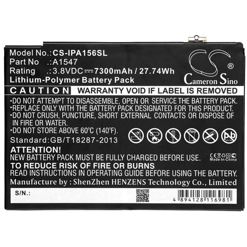 Li-polymer Battery Fits Apple, A1547, A1566, A1567 3.8v, 7300mah Tablet Cameron Sino Technology Limited