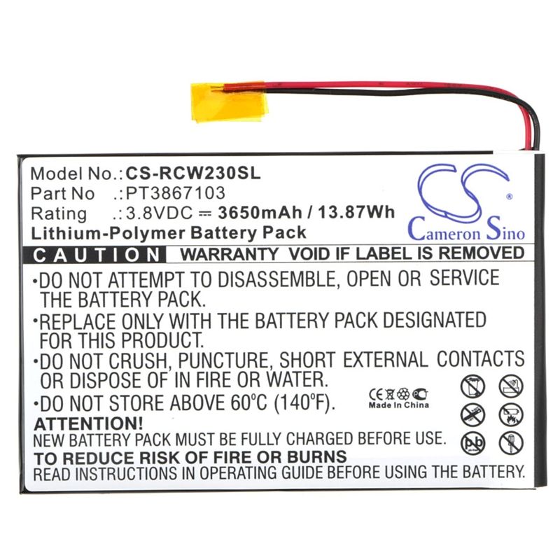 Li-Polymer Battery fits Rca, 7", Rct6272w23 3.8V, 3650mAh Tablet Cameron Sino Technology Limited