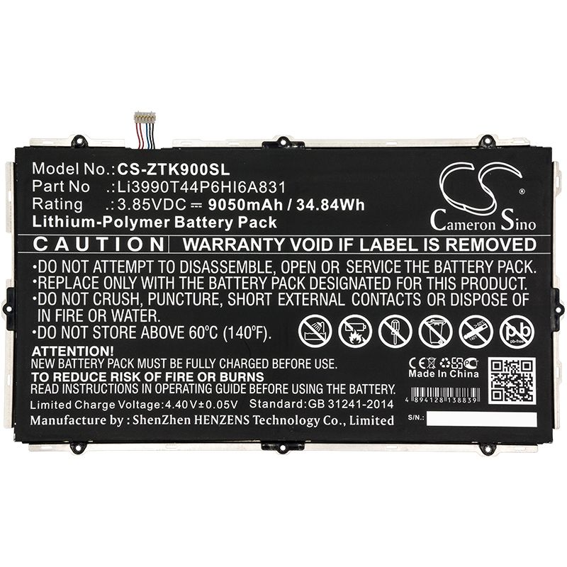 Li-Polymer Battery fits Zte, K90u, Zpad 10.1 3.85V, 9050mAh Tablet Cameron Sino Technology Limited