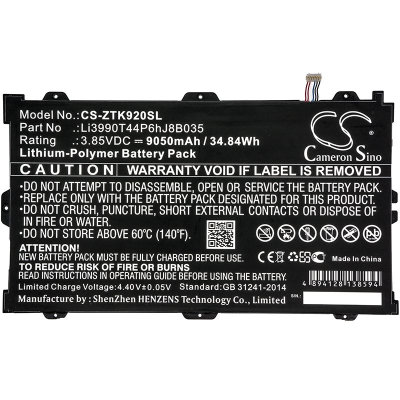 Li-Polymer Battery fits Zte, K92, Primetime, Primetime Lte-a 3.85V, 9050mAh Tablet Cameron Sino Technology Limited