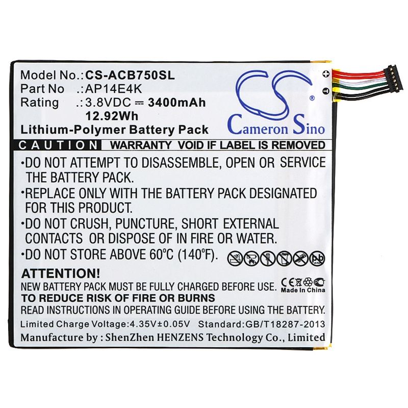 Li-polymer Battery Fits Acer, Iconia One 7 B1-750 3.8v, 3400mah Tablet Cameron Sino Technology Limited