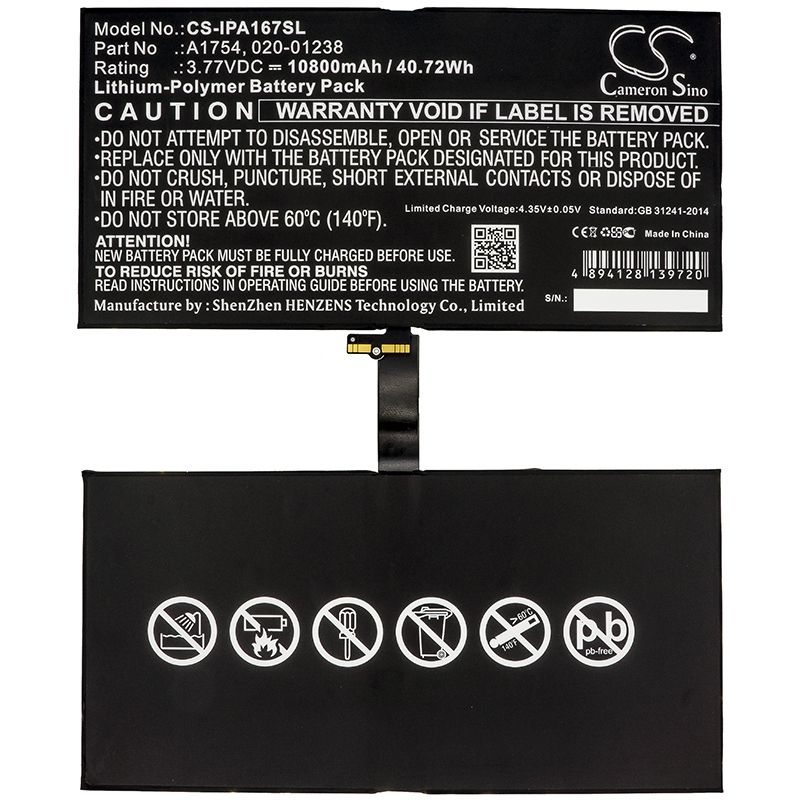 Li-Polymer Battery fits Apple, A1670, A1671, A1821 3.77V, 10800mAh Tablet Cameron Sino Technology Limited