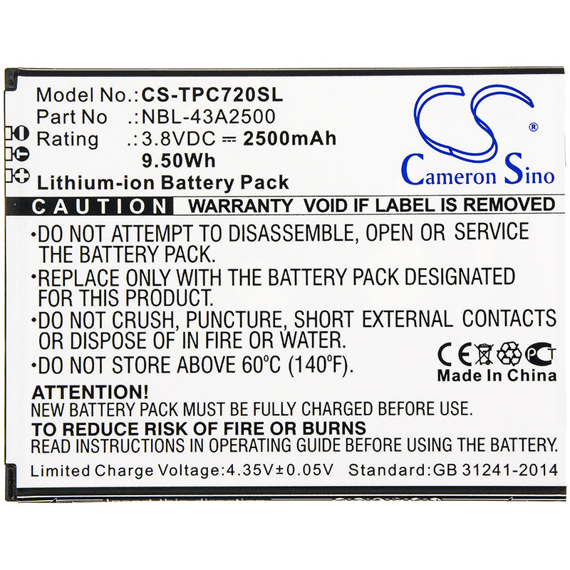 Li-ion Battery fits Neffos, C7s, Tp7051a 3.8V, 2500mAh Mobile & SmartPhone Cameron Sino Technology Limited