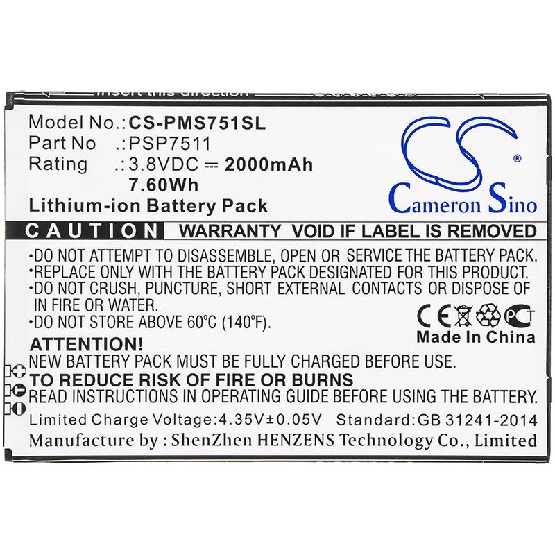 Li-ion Battery fits Prestigio, Psp7511duo 3.8V, 2000mAh Mobile & SmartPhone Cameron Sino Technology Limited
