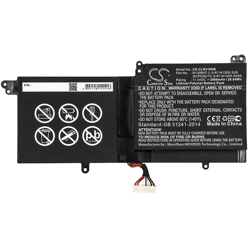 Li-Polymer Battery fits Clevo, N130bu, N130wu 11.4V, 2600mAh Notebook & Laptop Cameron Sino Technology Limited