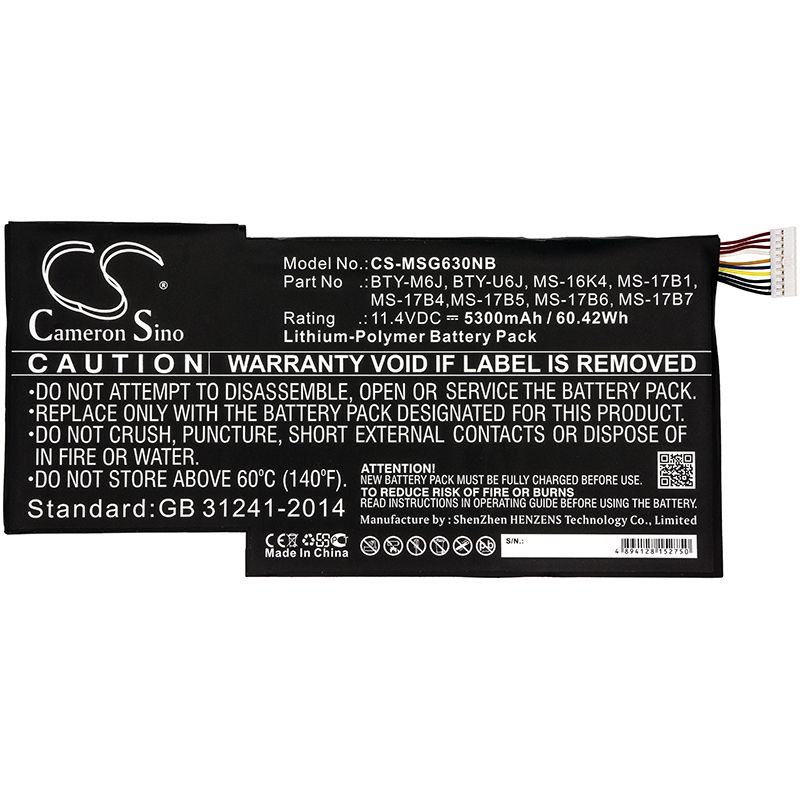Li-Polymer Battery fits Msi, 0016k2-213, 0016k2-214 11.4V, 5300mAh Notebook & Laptop Cameron Sino Technology Limited