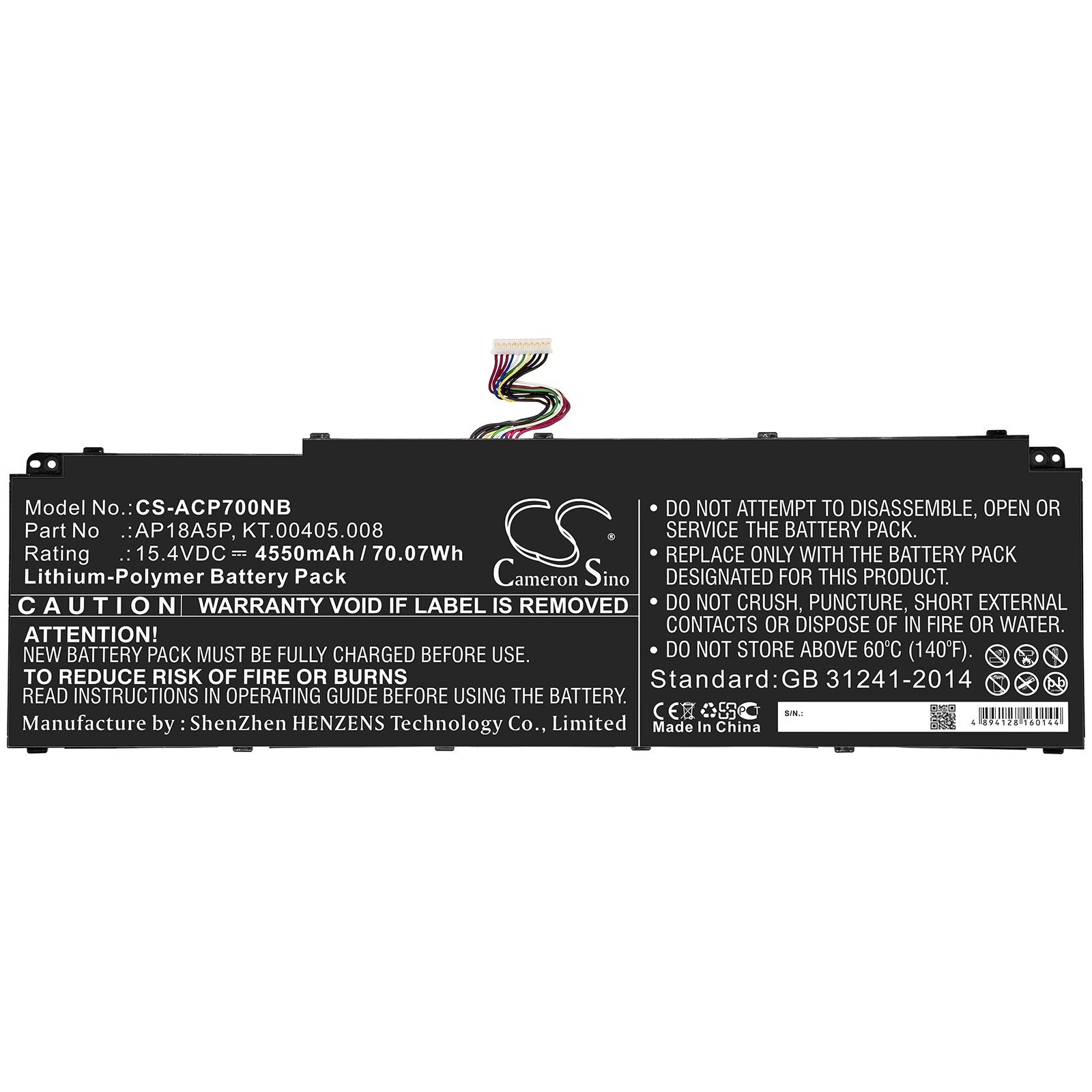 Li-Polymer Battery fits Acer, Ap18a5p, Kt.00405.008 15.4V, 4550mAh Computer Cameron Sino Technology Limited (Suspended)