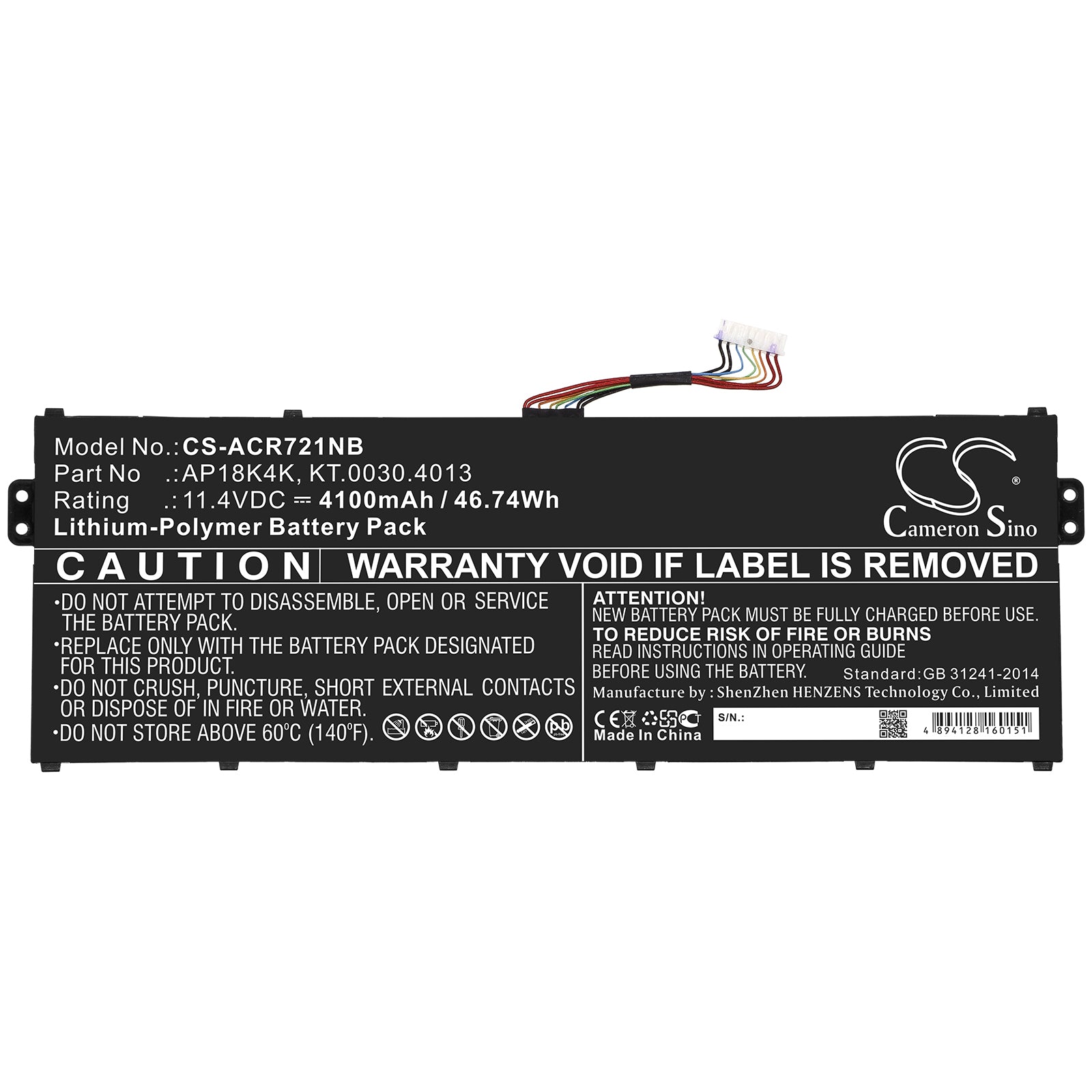 Li-Polymer Battery fits Acer, Ap18k4k, Kt.0030.4013 11.4V, 4100mAh Notebook & Laptop Cameron Sino Technology Limited