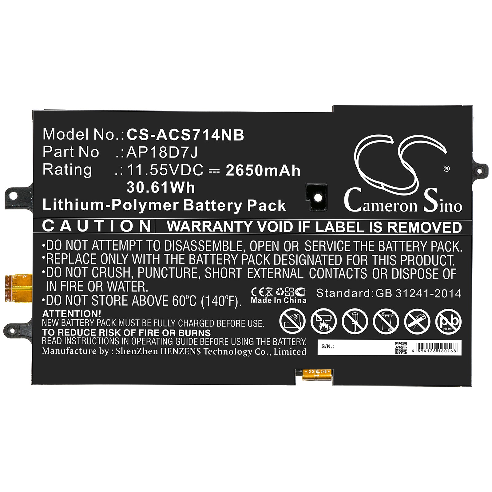 Li-Polymer Battery fits Acer, Ap18d7j 11.55V, 2650mAh Computer Cameron Sino Technology Limited (Suspended)