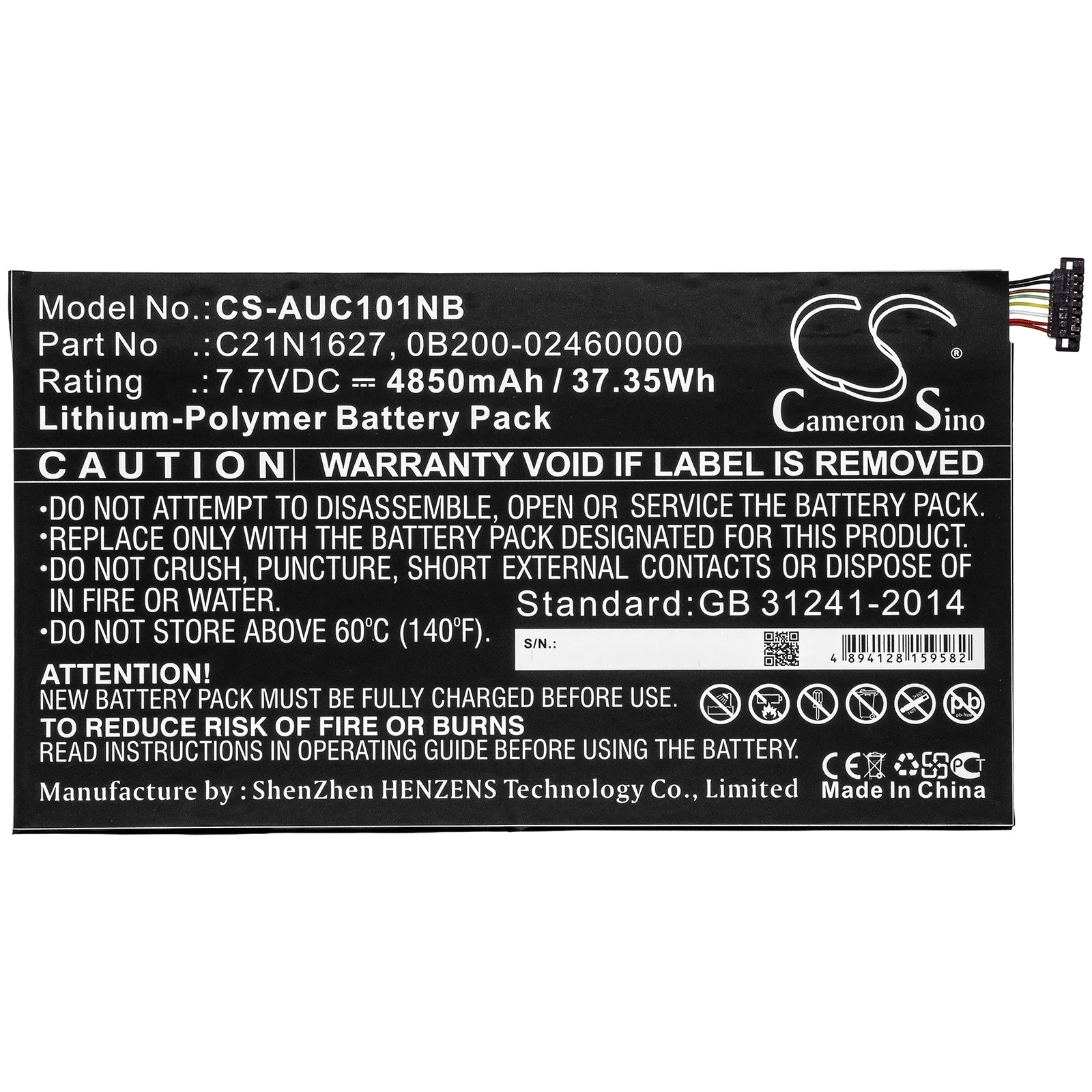 Li-Polymer Battery fits Asus, 0b200-02460000, C21n1627 7.7V, 4850mAh Notebook & Laptop Cameron Sino Technology Limited