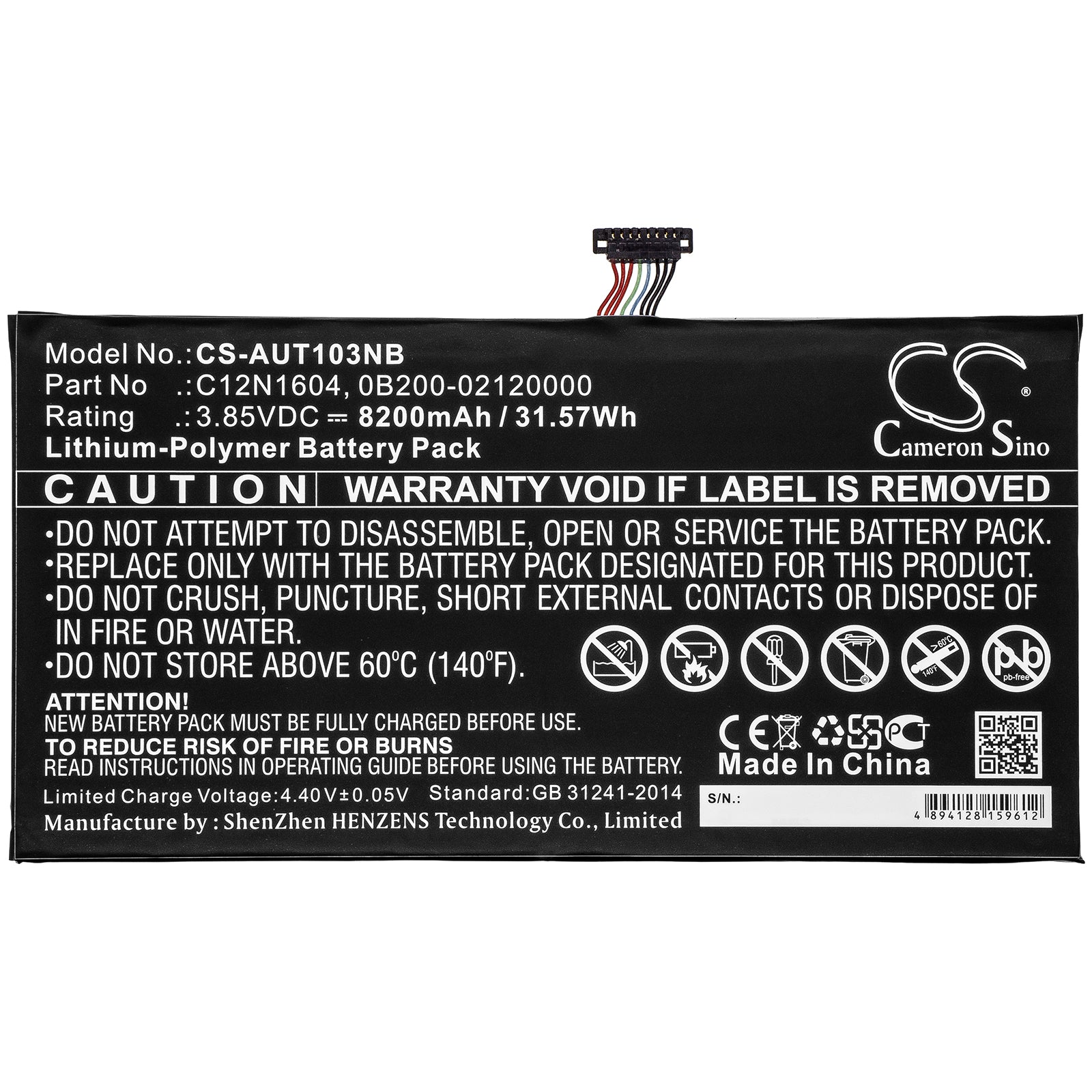 Li-Polymer Battery fits Asus, 0b200-02120000, 0b200-02120100, Ad2068520, C12n1604 3.85V, 8200mAh Computer Cameron Sino Technology Limited