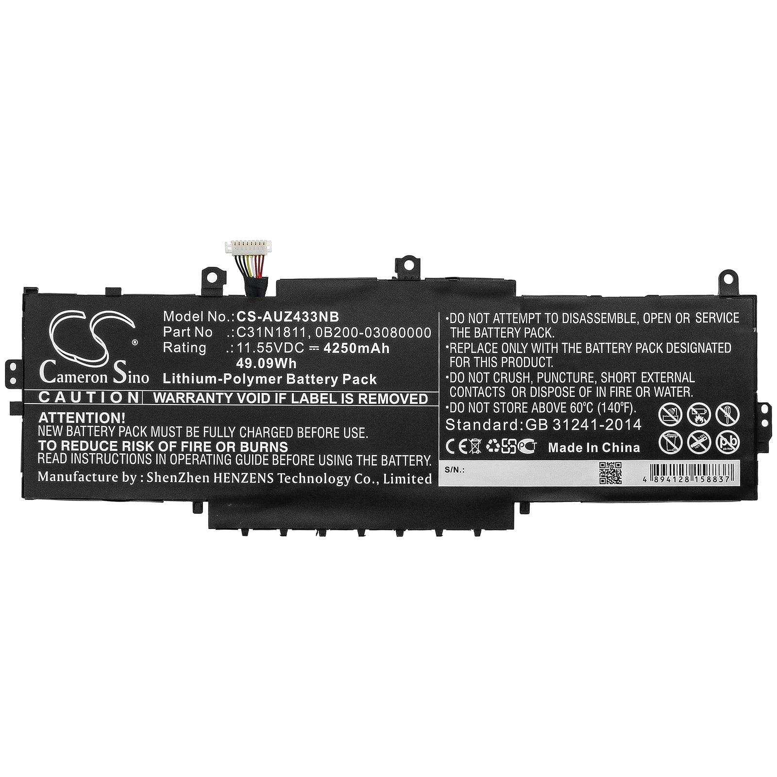 Li-Polymer Battery fits Asus, 0b200-03080000, C31n1811 11.55V, 4250mAh Notebook & Laptop Cameron Sino Technology Limited