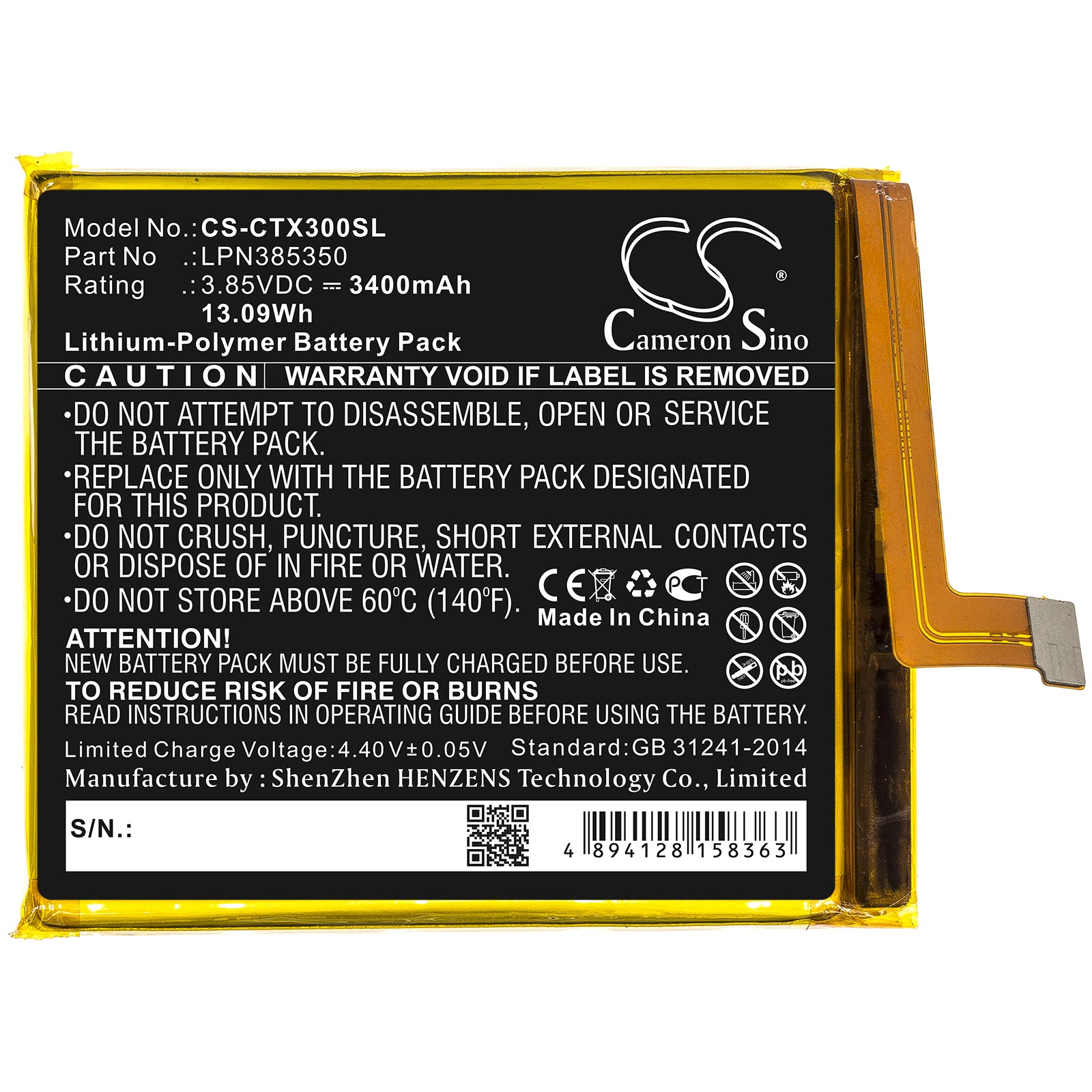 Li-Polymer Battery fits Crosscall, Lpn385350 3.85V, 3400mAh Mobile & SmartPhone Cameron Sino Technology Limited
