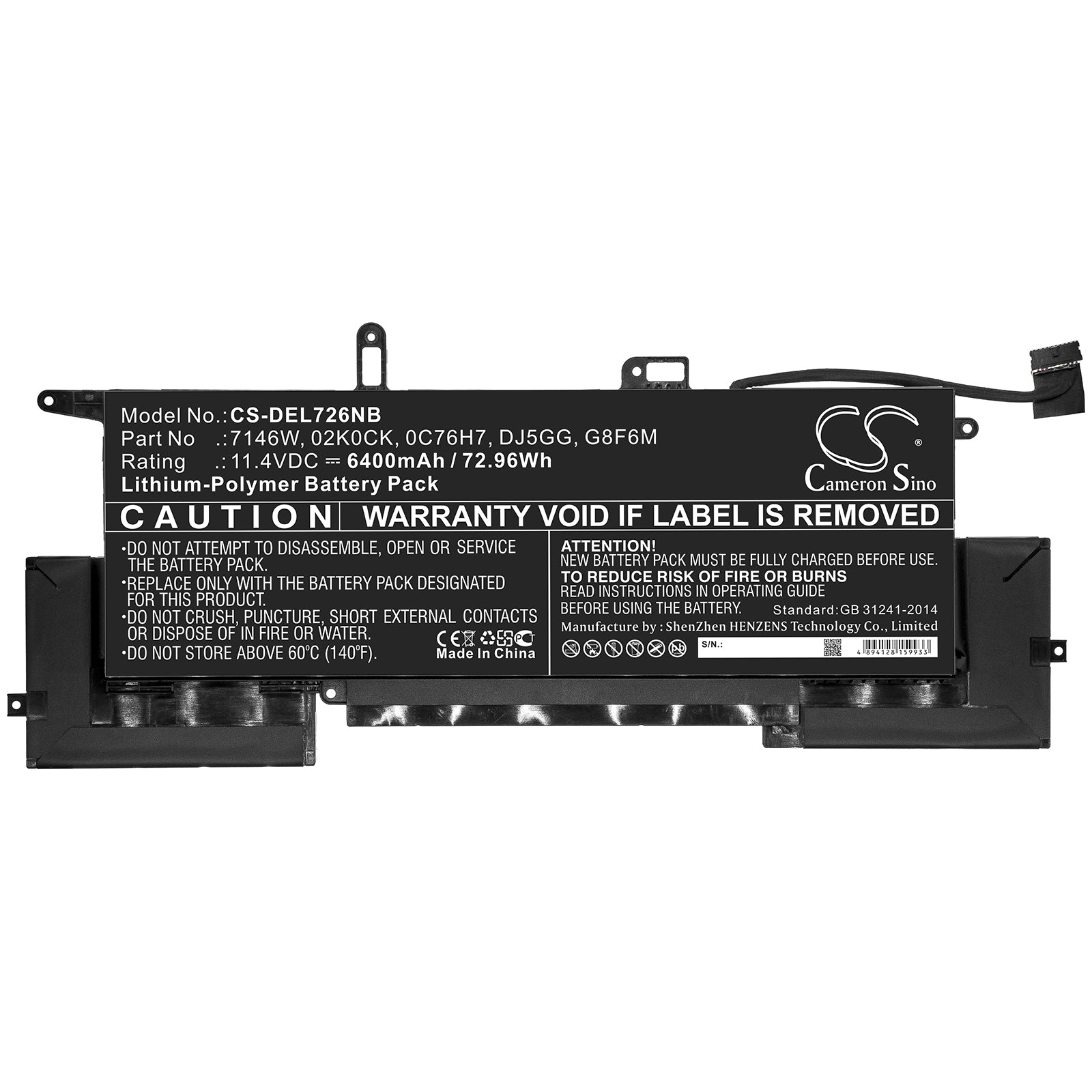 Li-Polymer Battery fits Dell, 02k0ck, 0c76h7, 7146w, Dj5gg, G8f6m 11.4V, 6400mAh Notebook & Laptop Cameron Sino Technology Limited