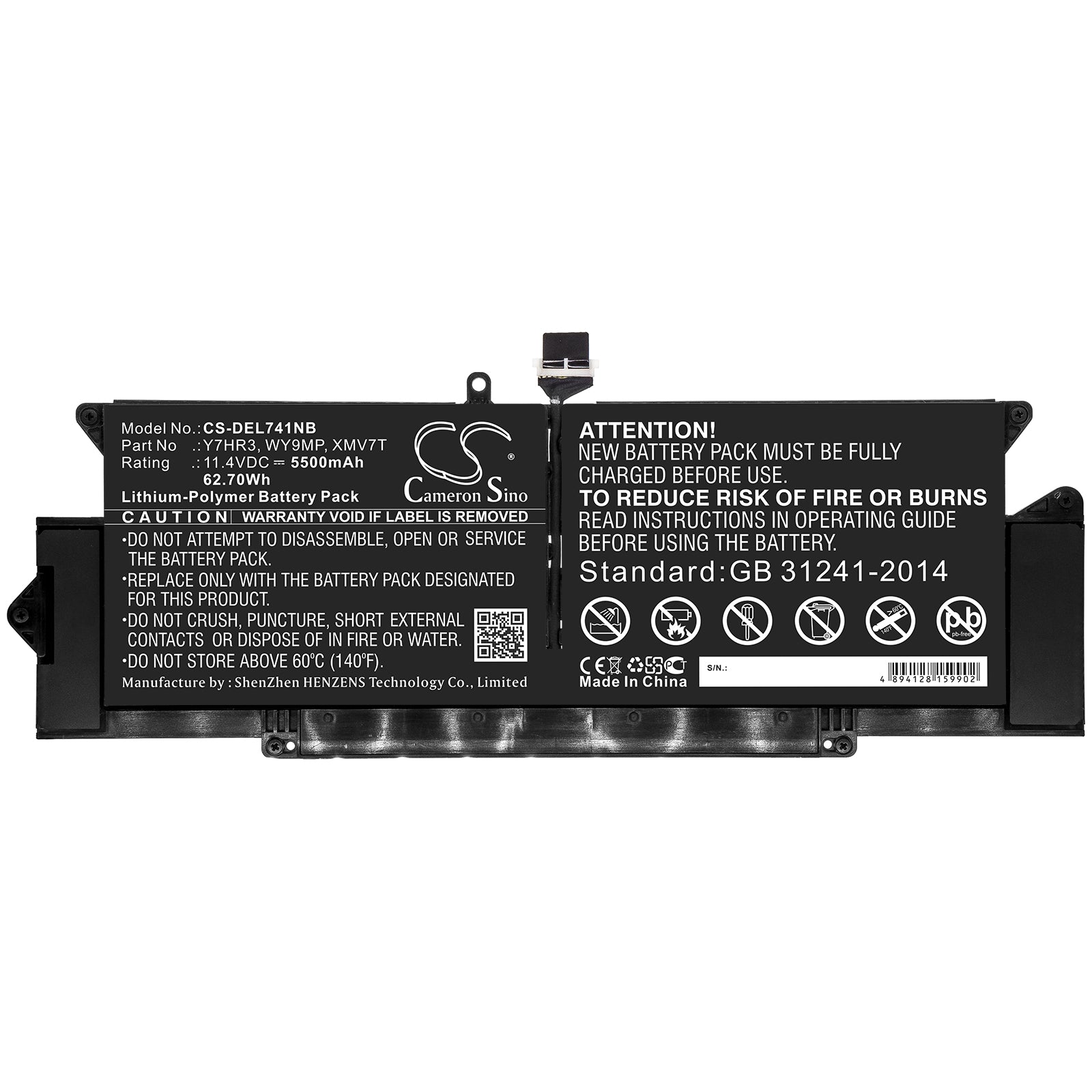 Li-Polymer Battery fits Dell, Wy9mp, Xmv7t, Y7hr3 11.4V, 5500mAh Notebook & Laptop Cameron Sino Technology Limited