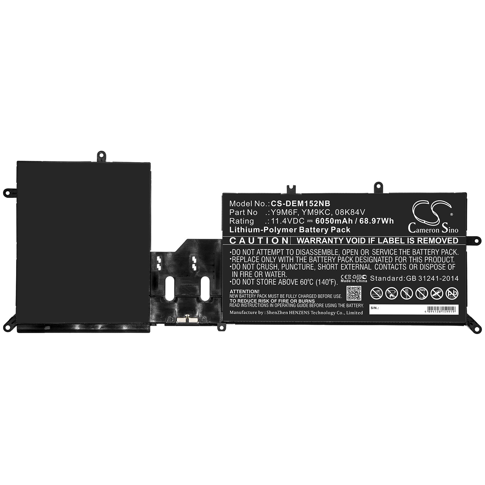 Li-Polymer Battery fits Dell, 08k84v, Y9m6f, Ym9kc 11.4V, 6050mAh Notebook & Laptop Cameron Sino Technology Limited