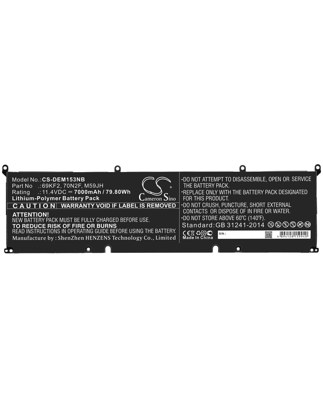 Li-Polymer Battery fits Dell, 69kf2, 70n2f, M59jh 11.4V, 7000mAh Notebook & Laptop Cameron Sino Technology Limited
