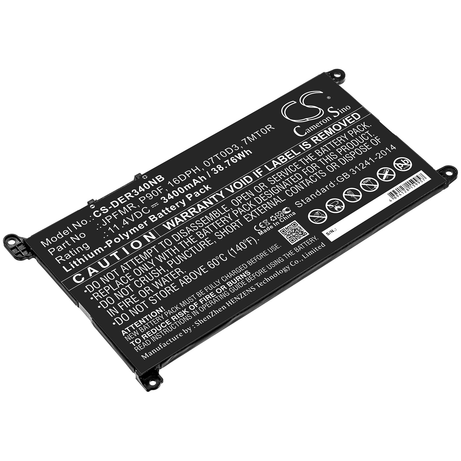 Li-Polymer Battery fits Dell, 07t0d3, 16dph, 7mt0r, Jpfmr, P90f 11.4V, 3400mAh Notebook & Laptop Cameron Sino Technology Limited