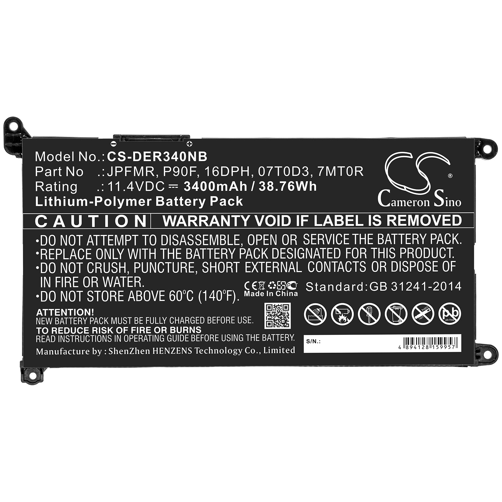 Li-Polymer Battery fits Dell, 07t0d3, 16dph, 7mt0r, Jpfmr, P90f 11.4V, 3400mAh Notebook & Laptop Cameron Sino Technology Limited