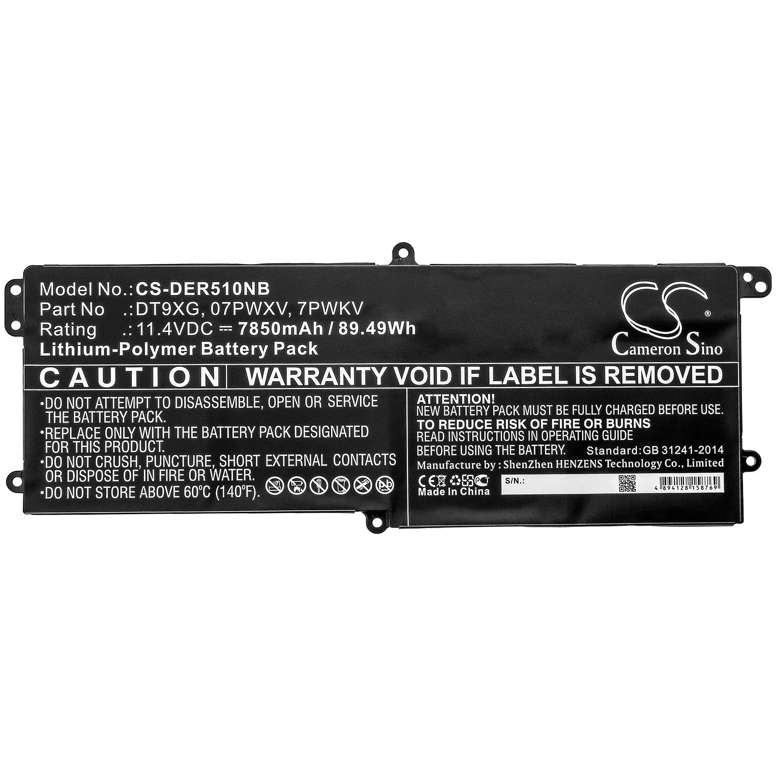 Li-Polymer Battery fits Dell, 07pwxv, 7pwkv, Dt9xg 11.4V, 7850mAh Notebook & Laptop Cameron Sino Technology Limited
