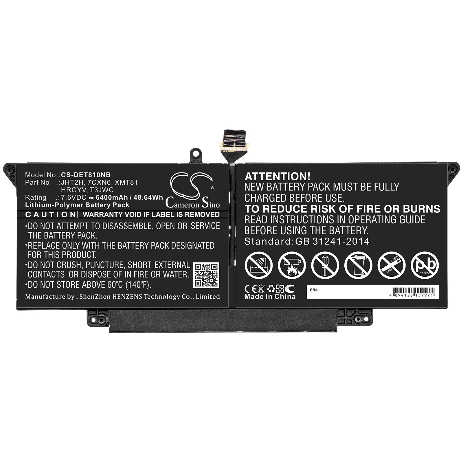 Li-Polymer Battery fits Dell, 7cxn6, Hrgyv, Jht2h, T3jwc, Xmt81 7.6V, 6400mAh Notebook & Laptop Cameron Sino Technology Limited