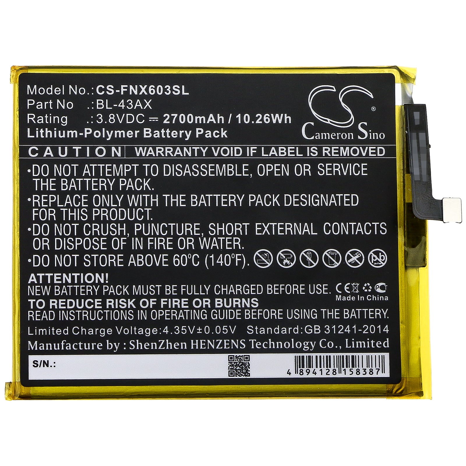 Li-Polymer Battery fits Infinix, Bl-43ax 3.8V, 2700mAh Mobile & SmartPhone Cameron Sino Technology Limited