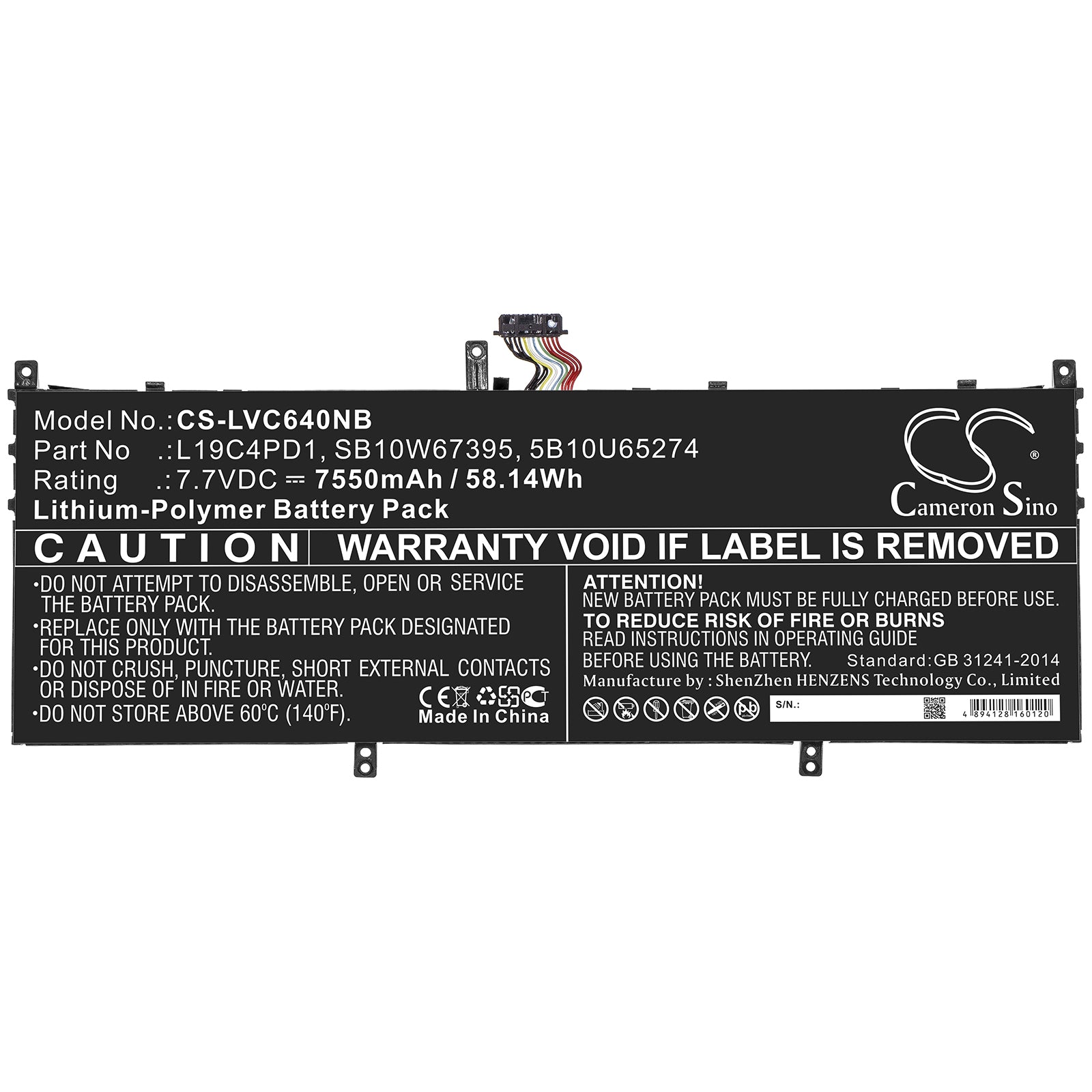 Li-Polymer Battery fits Lenovo, 5b10u65274, 5b10u65275, L19c4pd1, L19d4pd1, Sb10w67395 7.7V, 7550mAh Notebook & Laptop Cameron Sino Technology Limited