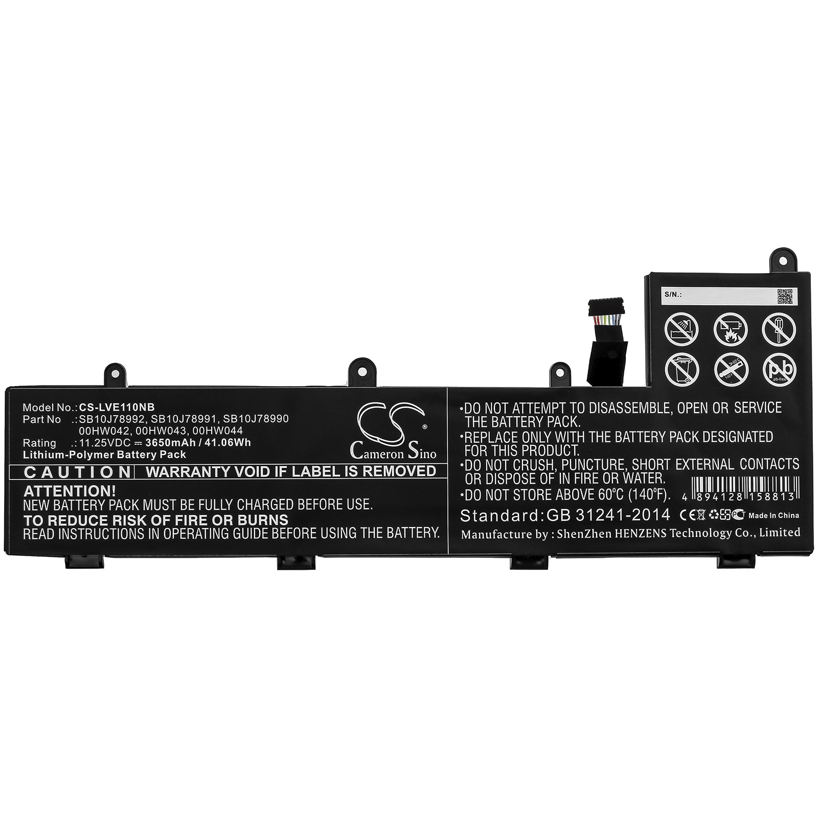 Li-Polymer Battery fits Lenovo, 00hw042, 00hw043, 00hw044, Sb10j78990, Sb10j78991, Sb10j78992 11.25V, 3650mAh Notebook & Laptop Cameron Sino Technology Limited