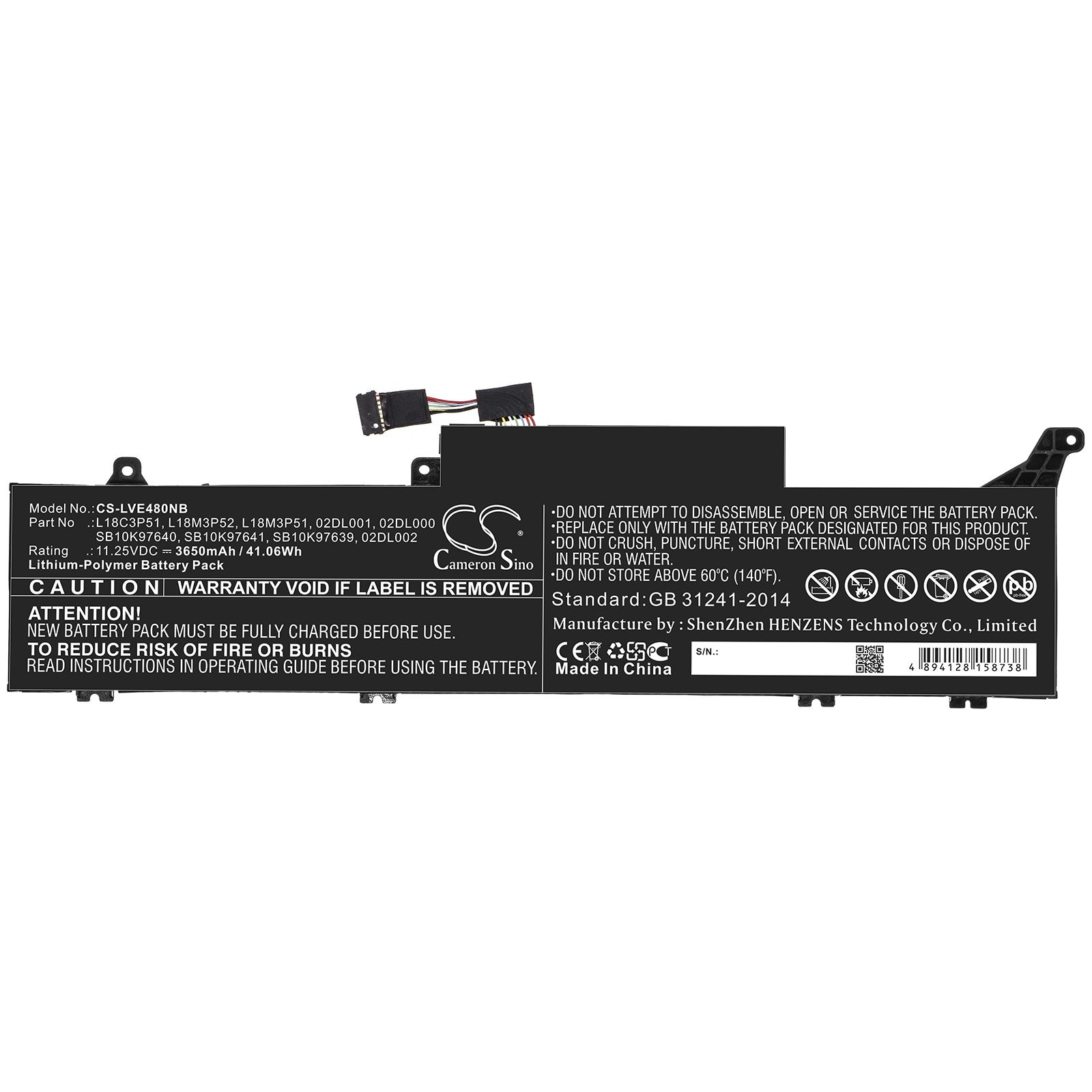 Li-Polymer Battery fits Lenovo, 02dl000, 02dl001, 02dl002, L18c3p51, L18m3p51, L18m3p52, Sb10k97639, Sb10k97640, Sb10k97641 11.2 Notebook & Laptop Cameron Sino Technology Limited