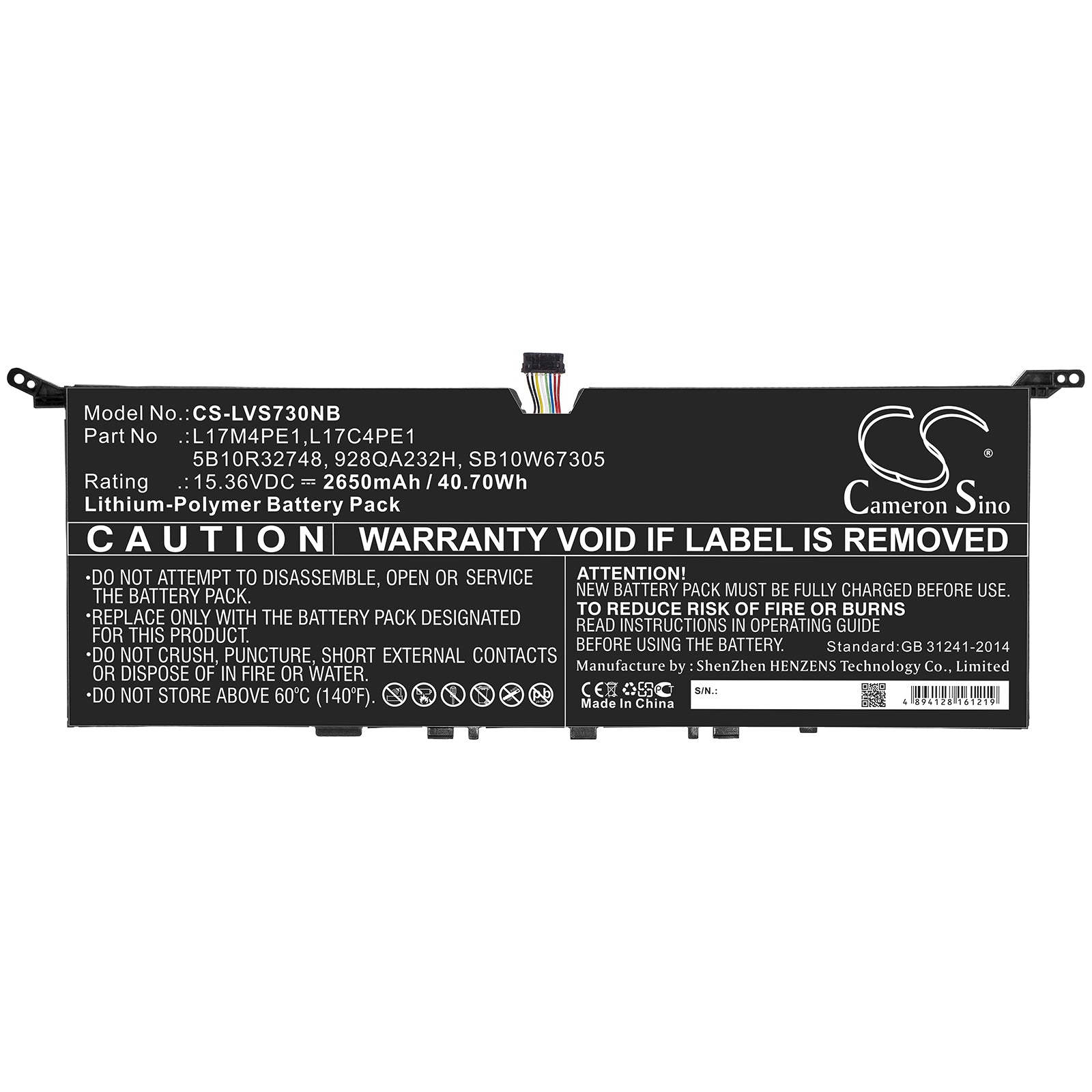 Li-Polymer Battery fits Lenovo, 5b10r32748, 928qa232h, L17c4pe1, L17m4pe1, Sb10w67305 15.36V, 2650mAh Notebook & Laptop Cameron Sino Technology Limited