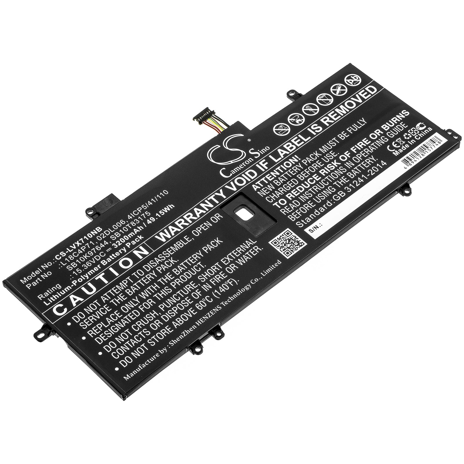 Li-Polymer Battery fits Lenovo, 02dl006, 4icp5/41/110, L18c4p71, Sb10k97644, Sb10t83175 15.36V, 3200mAh Notebook & Laptop Cameron Sino Technology Limited