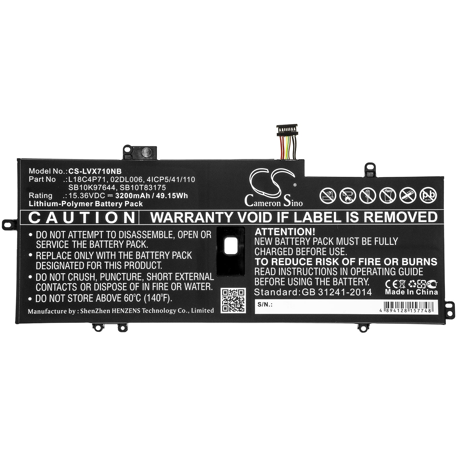 Li-Polymer Battery fits Lenovo, 02dl006, 4icp5/41/110, L18c4p71, Sb10k97644, Sb10t83175 15.36V, 3200mAh Notebook & Laptop Cameron Sino Technology Limited