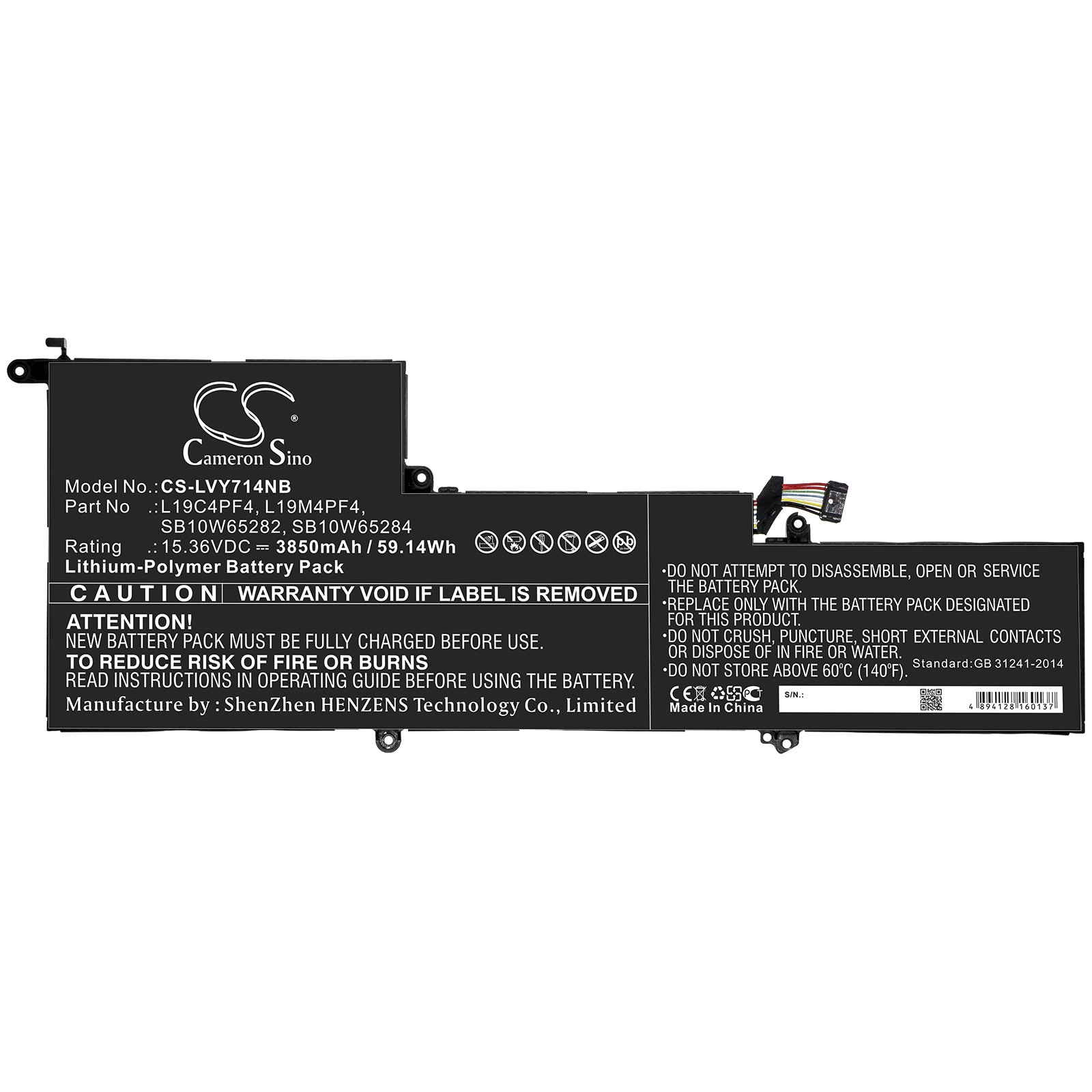 Li-Polymer Battery fits Lenovo, L19c4pf4, L19m4pf4, Sb10w65282, Sb10w65284 15.36V, 3850mAh Notebook & Laptop Cameron Sino Technology Limited