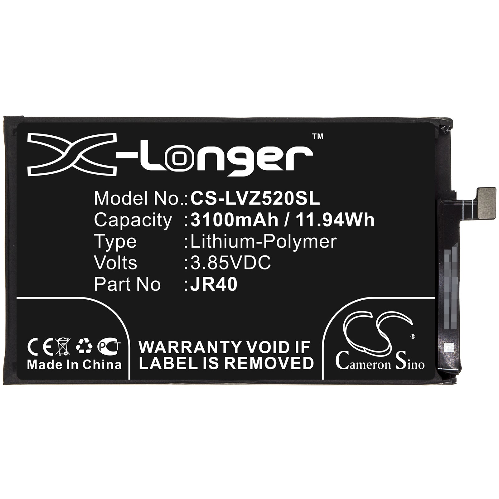 Li-Polymer Battery fits Lenovo, Jr40 3.85V, 3100mAh Mobile & SmartPhone Cameron Sino Technology Limited