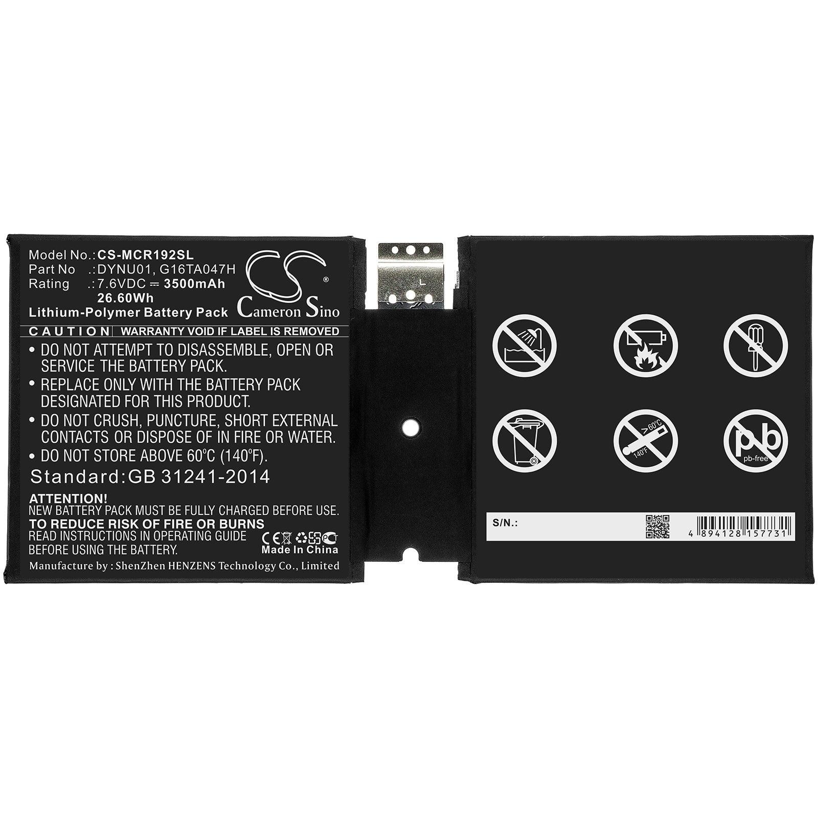 Li-Polymer Battery fits Microsoft, Dynu01, G16ta047h 7.6V, 3500mAh Tablet Cameron Sino Technology Limited